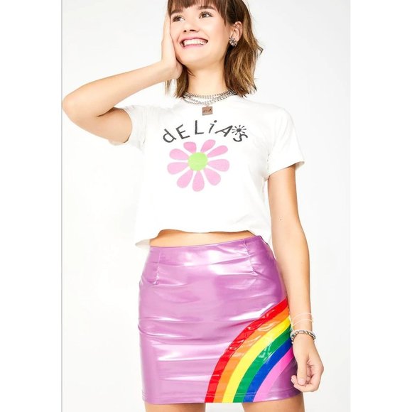 dELiA's by Dolls Kill Rainbow Magic Mini Skirt PVC Purple Polyurethane Pride XL - Picture 2 of 16